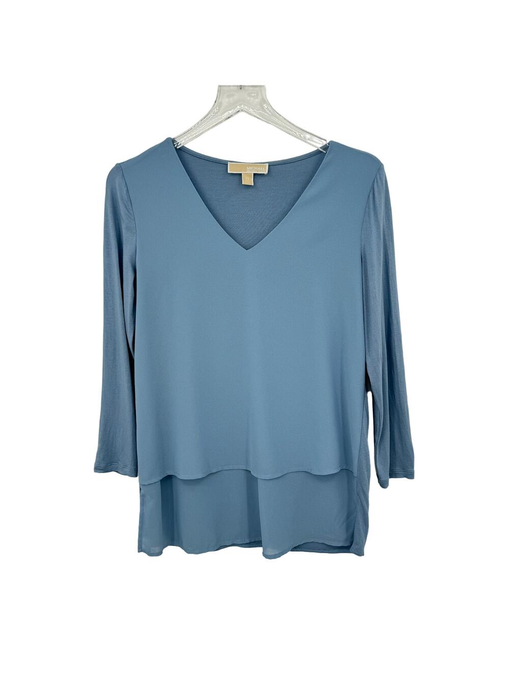 Michael Kors blouse V neck knit chiffon overlay layered blue size XS